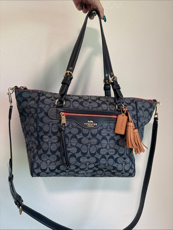Coach Handbags - Coach Kleo Carryall in Signature Chambray Dark Blue Denim Tan Tassels
